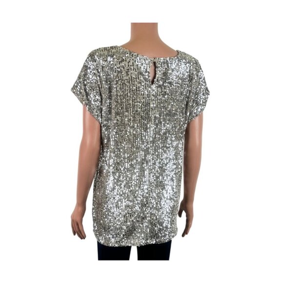 Cable & Guage Sequins Scoop Neck Short Sleeve Top Blouse Size Large - Picture 3 of 13